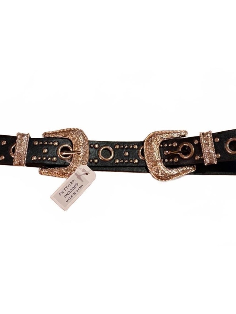 IN STYLE Black Western Belt with Ornate Gold Buckles and Stud Details